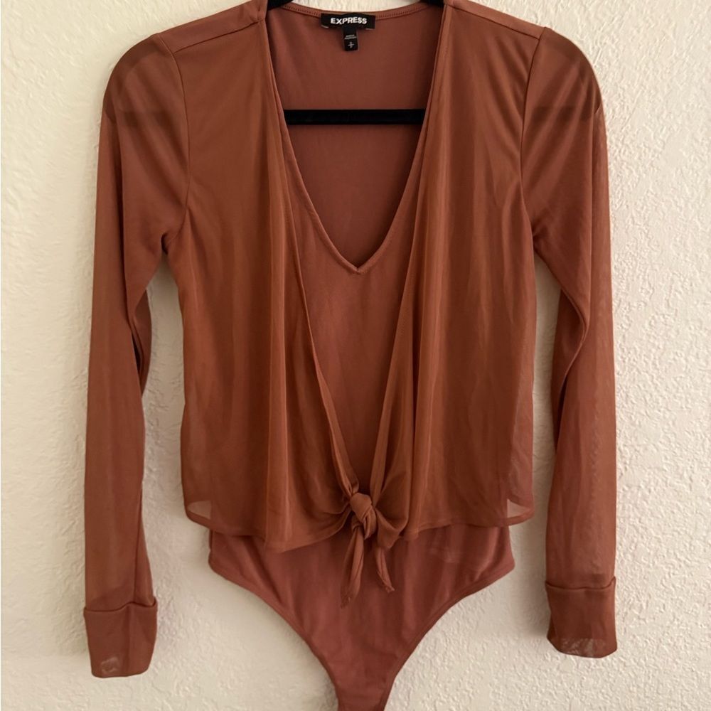 Express Women's Rust Sheer Tie-Front Bodysuit